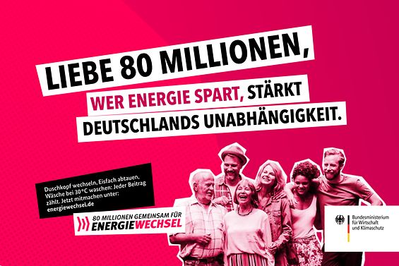 Grafik zur Energiesparkampagne, 80 Millionen können gemeinsam Energie sparen und Deutschlands Unabhängigkeit sichern